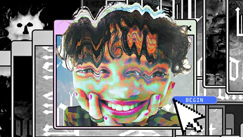 Artwork of a person's face distorted on a black-and-white desktop window screen, with a cursor clicking a button that says "Begin" (Credit: BBC/ Serenity Strull/ Getty Images)