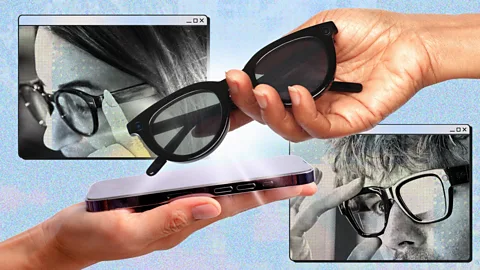 A collage of hands holding a pair of smart glasses and one holding a phone, by two open web windows of a man and a woman wearing smart glasses (Credit: BBC/ Serenity Strull/ Getty Images)