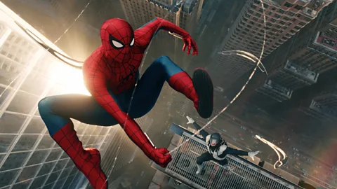 Spider-Man swings on a web above the city and a villain in Spirde-Man: Brand New Day (Credit: Sony Pictures)