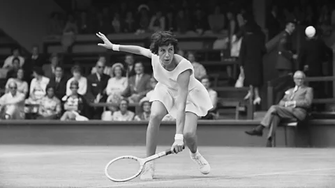 Maria Bueno playing tennis at Wimbledon in black and white (Credit: Getty Images)