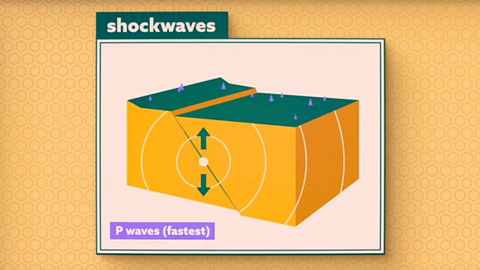 Cross section of earth showing the epicentre of an earthquake under ground and the vertical direction of shockwaves from the fault line.