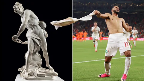 A composite of Team Argentina tossing Lionel Messi in the air and Tiepolo's Ascension of Christ (Credit: Getty Images/ Virginia Museum of Fine Arts)