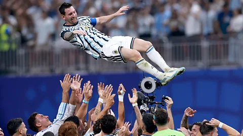 A composite of Team Argentina tossing Lionel Messi in the air and Tiepolo's Ascension of Christ (Credit: Getty Images/ Virginia Museum of Fine Arts)