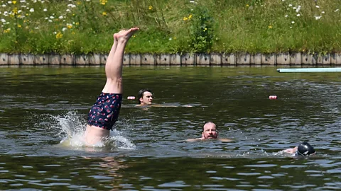 A man dives into a pond by a grassy bank while three others swim nearby (Credit: Getty Images)