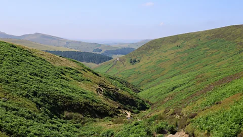 A view of a green, lush valley and stream cascading down towards Kinder Reservoir with rolling hills in the distance (Credit: BBC/ Amy Wright)