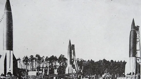 A grainy, black and white photograph of three v2 rockets (Credit: Getty Images)