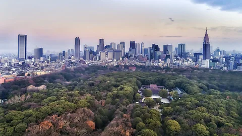 Aerial view of central Tokyo at dusk with skyline rising behind a large park (Credit: Getty Images)