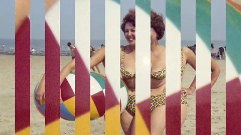 A stylised photo of a woman in a retro swimsuit holding a beach ball at the beach (Credit: Edouard Taufenbach & Bastien Pourtout)