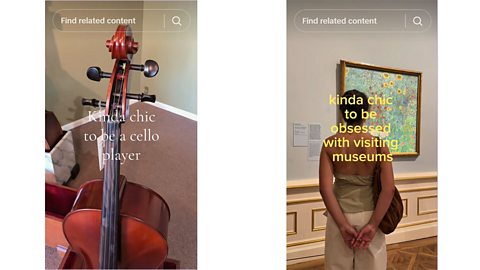 An image showing two TikTok posts reflecting the 'kinda chic' trend, one about playing the cello, the other about visiting museums