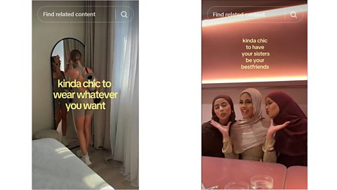 An image showing two TikTok clips about the 'kinda chic' trend, one about wearing whatever you want, the other about being friends with your sisters
