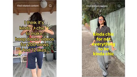 An image showing two TikTok posts about the 'kinda chic' trend, one is about hula hooping, the other about being bored of the kinda chic trend