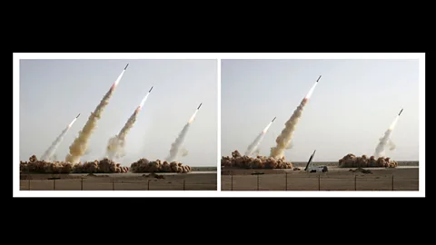 Iran’s show of military might in 2008 was doctored to remove a launcher which failed to fire – and replaced with a fourth projectile. (Courtesy: Fourandsix.com)