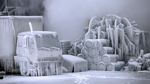 Getty Images As Chicago endured bitterly cold temperatures, a truck is covered in ice as firefighters help to extinguish a massive blaze at a vacant warehouse (Copyright: Getty Images)
