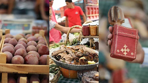 Peaches, wooden lemon squeezers and nuts and spices are some of the items sold at Souk el Tayeb. (Peter Grunert)