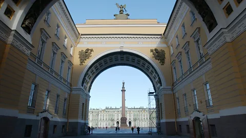 The Winter Palace, housing the State Hermitage Museum, can be seen in the background, with the Alexander Column on Palace Square in front. (BBC)