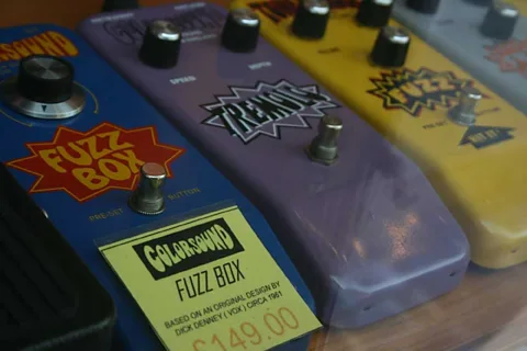 Colorsound Fuzz Boxes at Macari's music shop on Denmark St. (Paul Bloomfield)