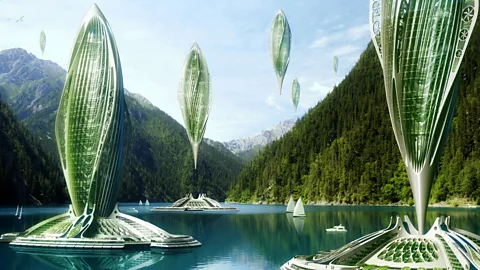 Vincent Callebaut French architects Vincent Callebaut propose ‘algae airships’, using hydrogen-creating seaweed which allows the structures to float above the ground. (Copyright: Vincent Callebaut)