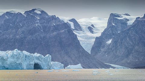 View of a polar glacier and icebergs.