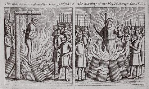 Etching of George Wishart being burnt at the stake  