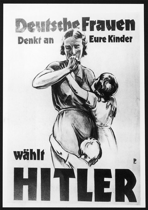 Propaganda poster aimed at women saying “German women, think of your children – Vote Hitler”