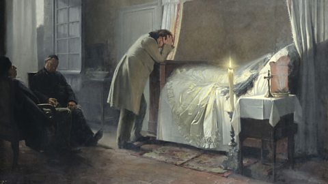 Cover of the book Madame Bovary with a woman dying in bed, and a man grieving beside her. 