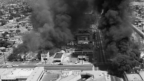 Burning buildings during the Watts riots