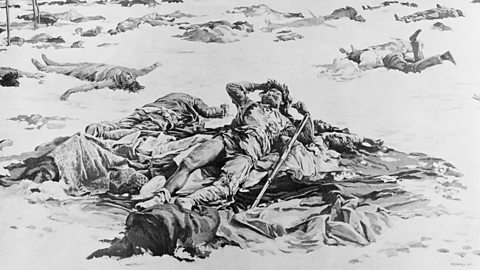 Painting of victims laying on wounded knee creek battlefield.