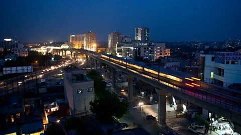 Getty Images In 2010, Delhi's metro train system linked up with Gurgaon, but the city still lacks transport infrastructure. (Copyright: Getty Images)