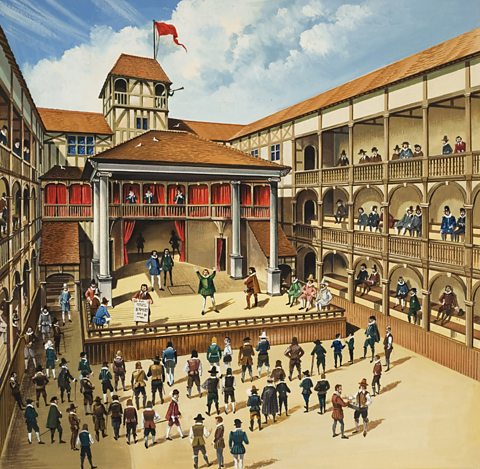 Artist’s interpretation of The Globe theatre showing a performance of Hamlet