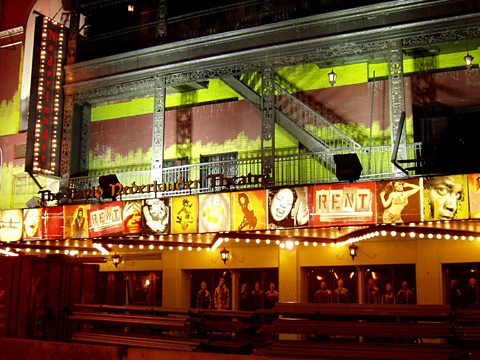 The exterior of the Nederlander Theatre during the run of Rent, 2004