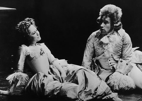 Simon Callow as Mozart and Felicity Kendal as his wife Constanze in a National Theatre production of Peter Shaffer's play Amadeus at the Olivier Theatre, London, January 1980.