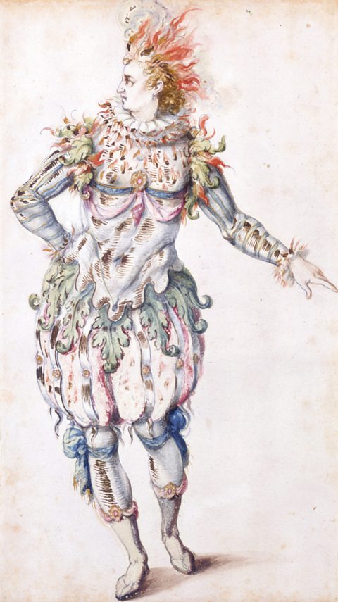 Drawing of masque performer in a costume designed by Inigo Jones (1573-1652)