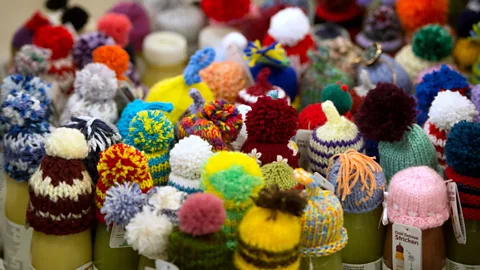 Knitted caps atop smoothies served to Davos attendees. (Johannes Eisele/AFP/Getty Images)