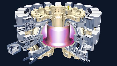 Exploded view of the ITER, with lots of very large magnets arranged in a circle around a central core