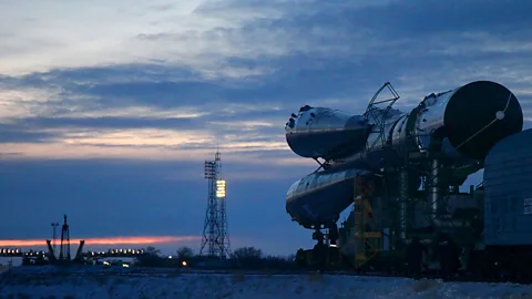 A Russian Soyuz-U booster carrying an unmanned cargo spacecraft Progress M-22M heads to the launchpad at Baikonur, Kazakhstan. (AFP/Getty Images)