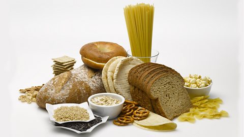 A range of starchy foods containing complex carbohydrates, including bread, pasta, rice and cereal