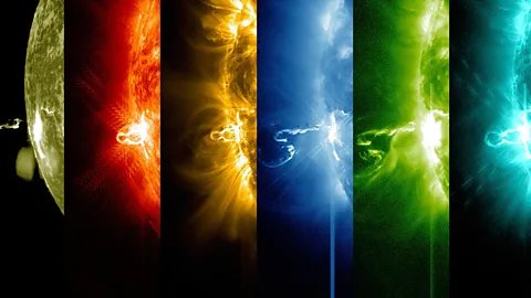 Nasa’s Solar Dynamics Observatory (SDO) captured these six images of a X-class significant solar flare. Each is taken at a different light wavelength. (Nasa/SDO/Reuters)