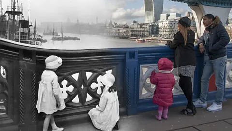 George Davison Reid’s 1930 view of Tower Bridge is merged with a modern scene as part of an exhibit at the Museum of London. (GD Reid/Museum of London)