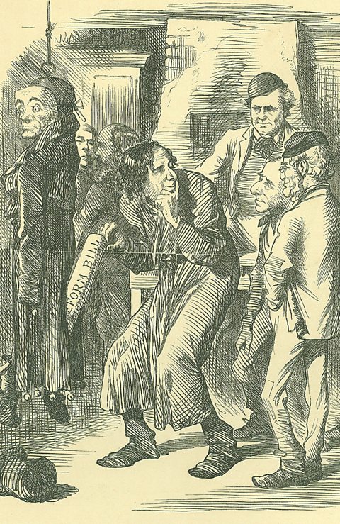 A cartoon showing Disraeli picking Liberal ideas from a pocket   