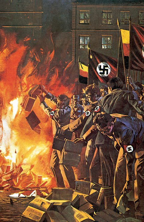 A painting of Nazi book burning