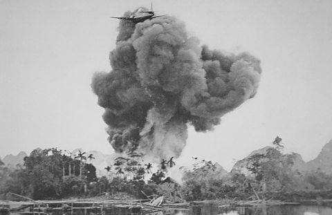 Large plume of smoke and flames rises from jungle behind a low-flying aircraft