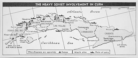 Period map of Cuba detailing Russian camps, missile sites and ports of entry