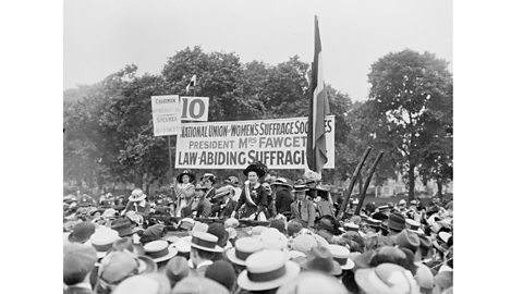 The English suffragette and educational reformer Dame Millicent Fawcett, (1847 - 1929), addressing a meeting in Hyde Park as president of the National Union of Women's Suffrage Societies (1913).