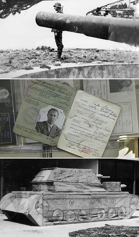 From top: The Atlantic wall, spy documents and a fake tank