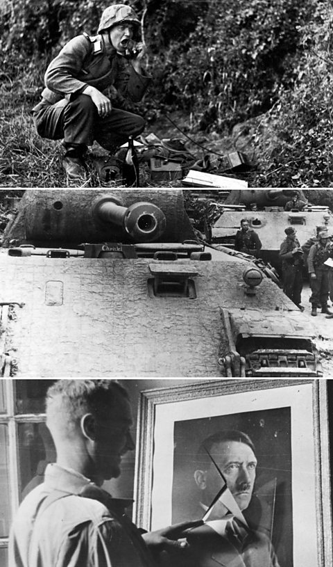 From top: German radio operator during D-Day; tank in Normandy; US GI, Sainte Mere Eglise standing beside a broken image of Adolf Hitler