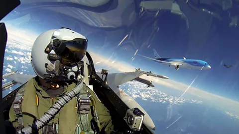 A Dutch F-16 pilot took this self-portrait photo with a Boeing 787 on his left wing. (David Cenciotti)