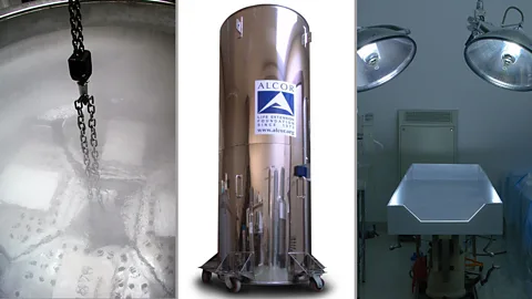 Groups of four are kept in refrigerators cooled by liquid nitrogen (middle and left), after treatment in the operating room (right) (Courtesy of Alcor Life Extension Foundation)