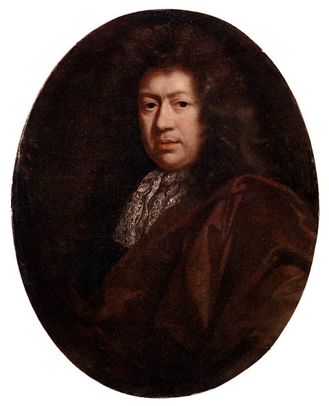 A portrait of Samuel Pepys, who has long dark hair and is wearing a dark brown jacket.