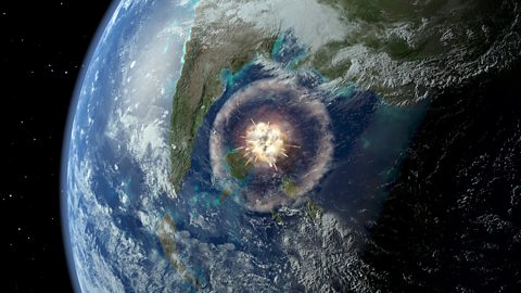 Picture depicting an asteroid hitting the earth in the cretaceous period