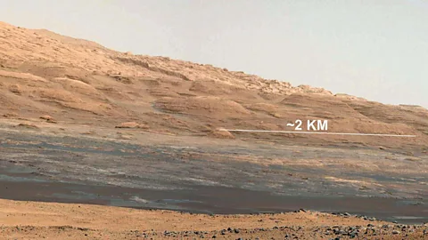 Mount Sharp rises 5.5km (3.4 miles) above the crater floor (Nasa)